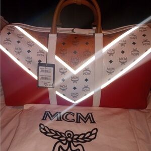 MCM Red and White Duffel with Logo Pattern